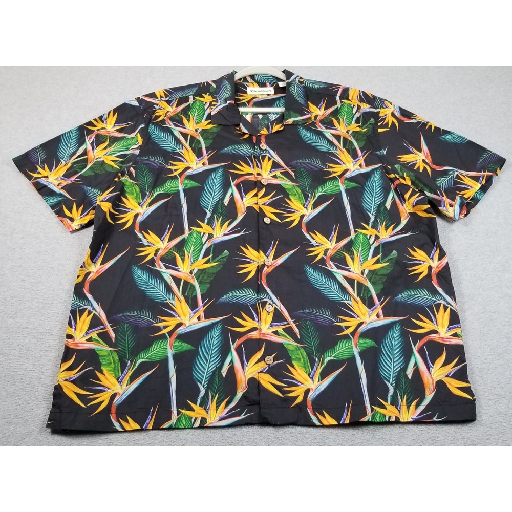 Caribbean Button Up Shirt Mens XL Black Floral Bird of‎ Paradise Tropical Aloha